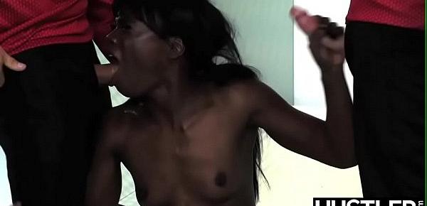 Ebony goddess Ana Foxxx blows two cocks in scifi parody